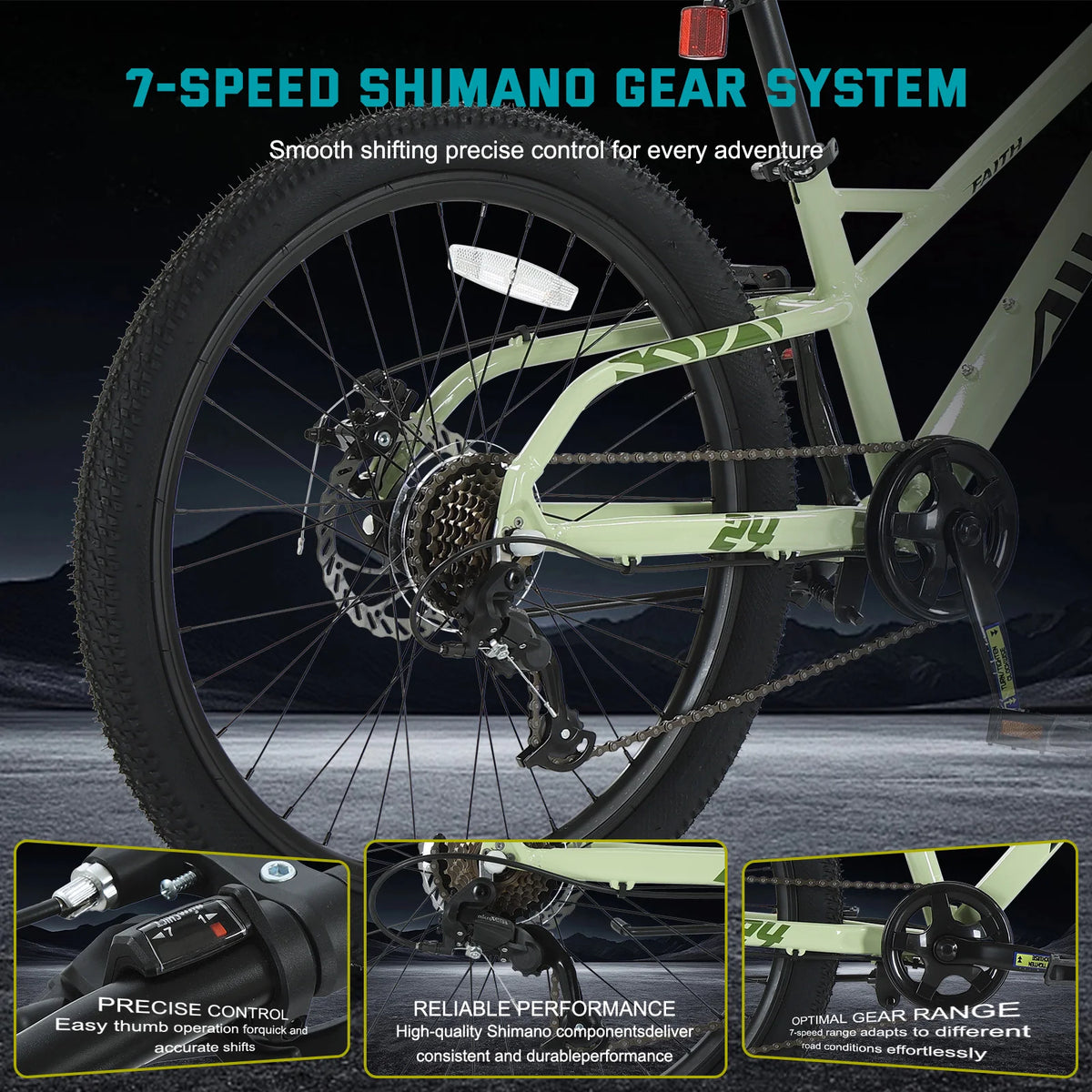 AIVA FAITH24 24 Inch Hardtail Mountain Bike, 7-Speed MTB, Bicycle for Teens & Adults, Lightweight Aluminum Frame, Suspension Fork, Front & Rear Disc Brakes