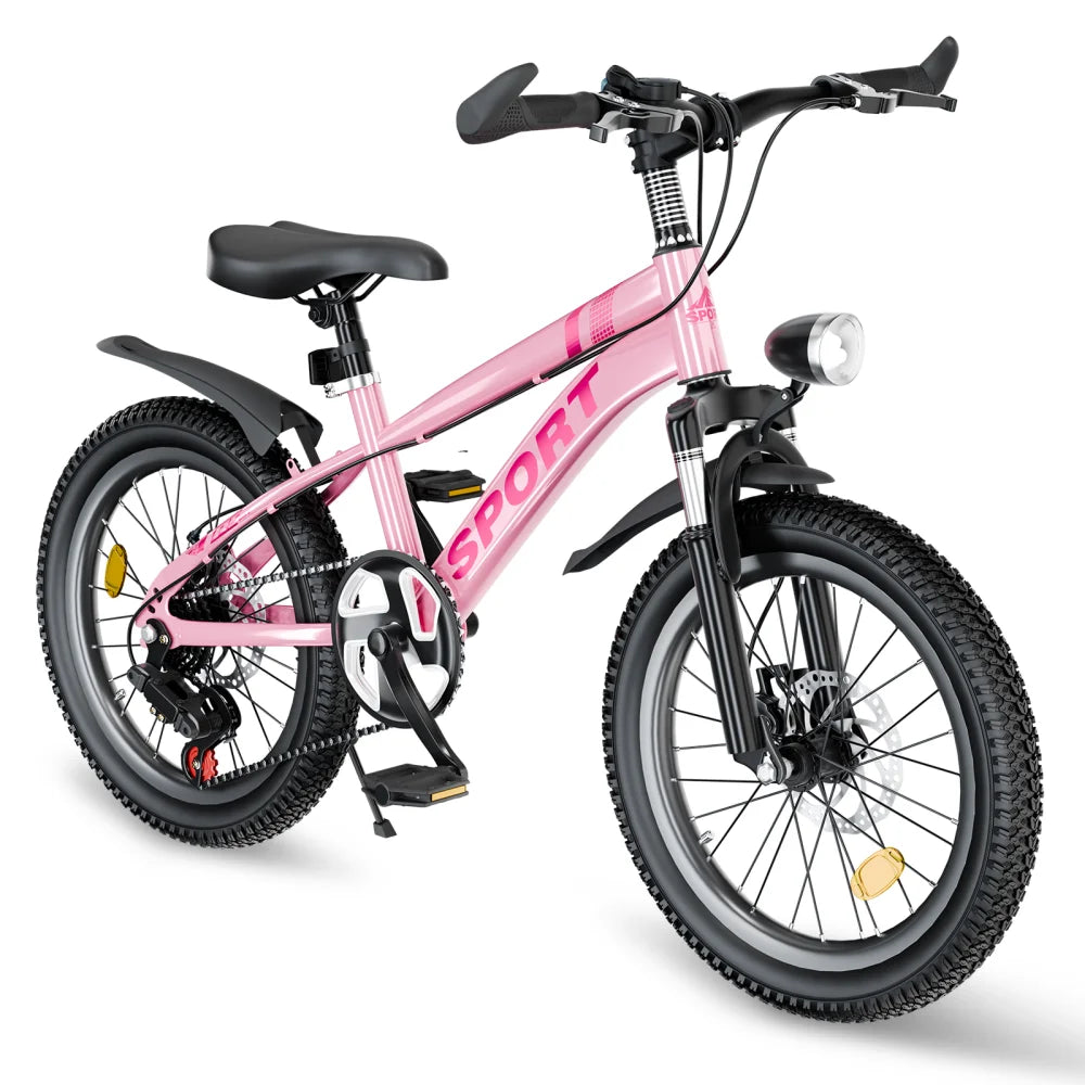 20 Inch Kids Mountain Bike for Boys & Girls Ages 7-12 – 7-Speed Gears, Dual Disc Brakes, Shock Absorber Front Fork, LED Light – Silver & Pink