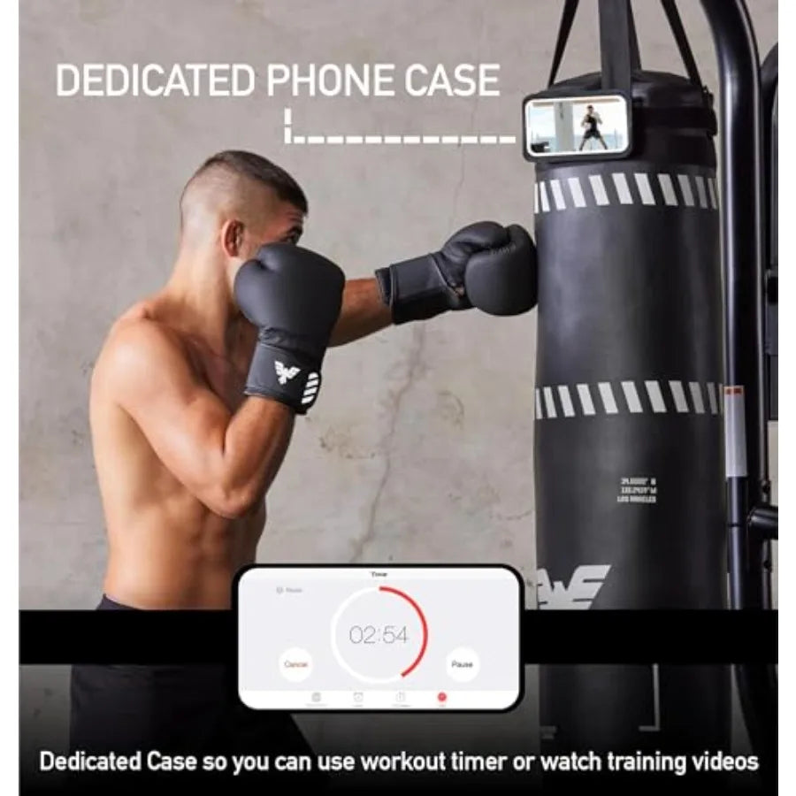 Muay Thai training: 6 ft tall heavy bag set for kickboxing and MMA unfilled 100 lbs canvas bag with black gloves and white hand
