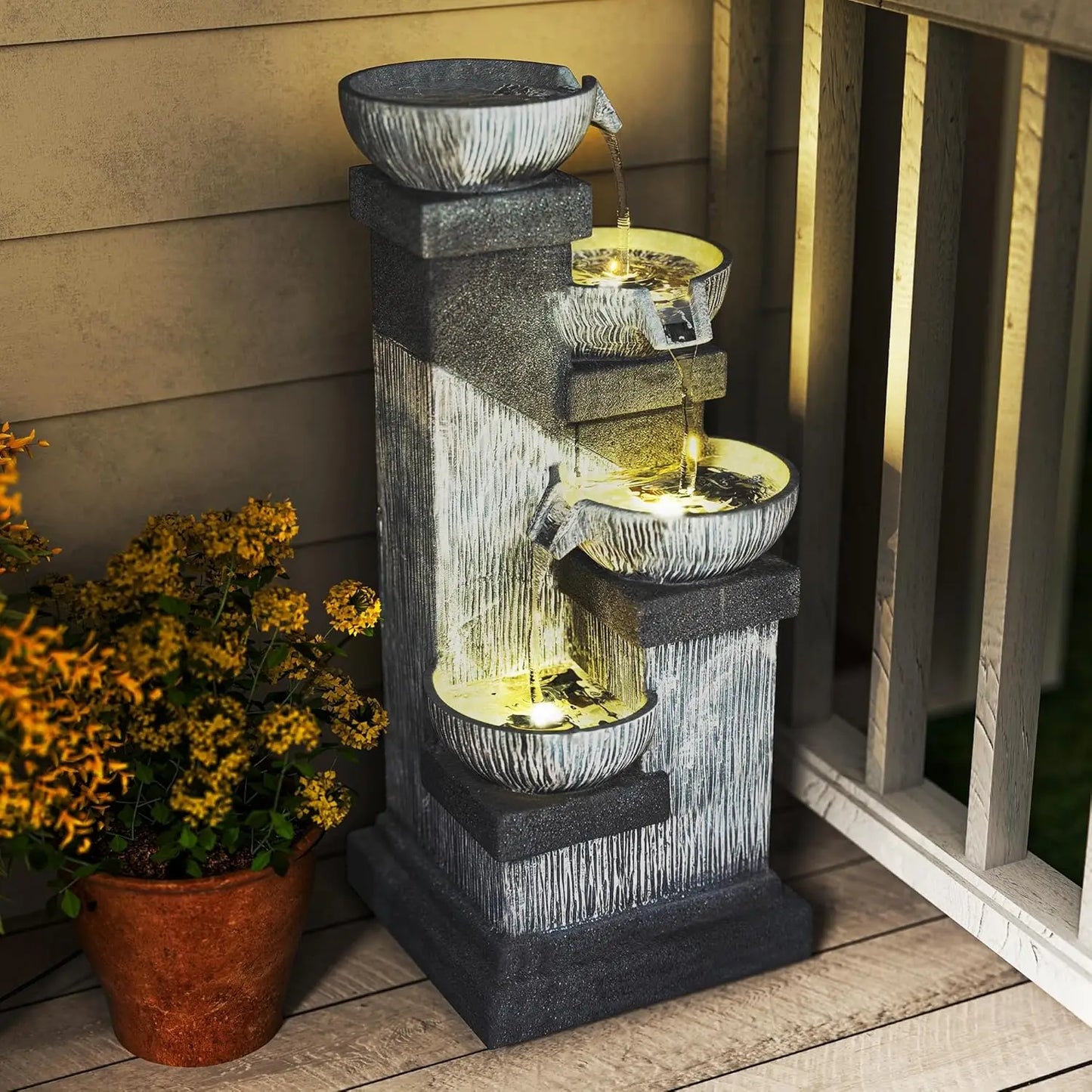 33.5" Tall Outdoor Water Fountain with LED Lights, 4-Tier Cascading Bowls for Garden Patio Backyard