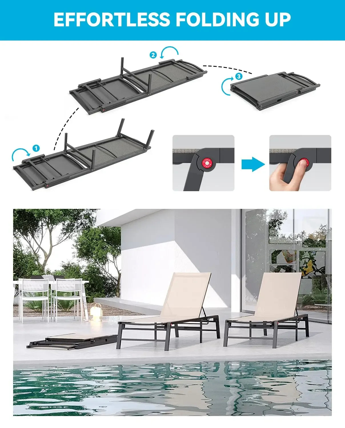 Aluminum Chaise Lounge Chair Outdoor, Foldable Patio Lounge Chair 2 Sets Assemble-Free, Pool Lounge Chairs with 5, Customized