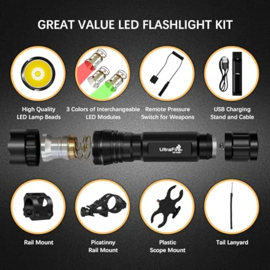 Tactical Flashlights Predator Light with Interchangeable Red Green White 1200 Lumen LED Spotlight Light Hunting Flashlight with