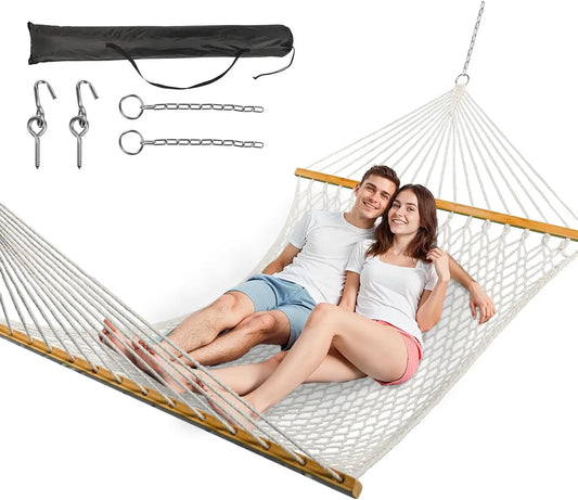 Double Hammock for Two, Handwoven Rope with Spreader Bar - Indoor Outdoor Patio Poolside Backyard Use