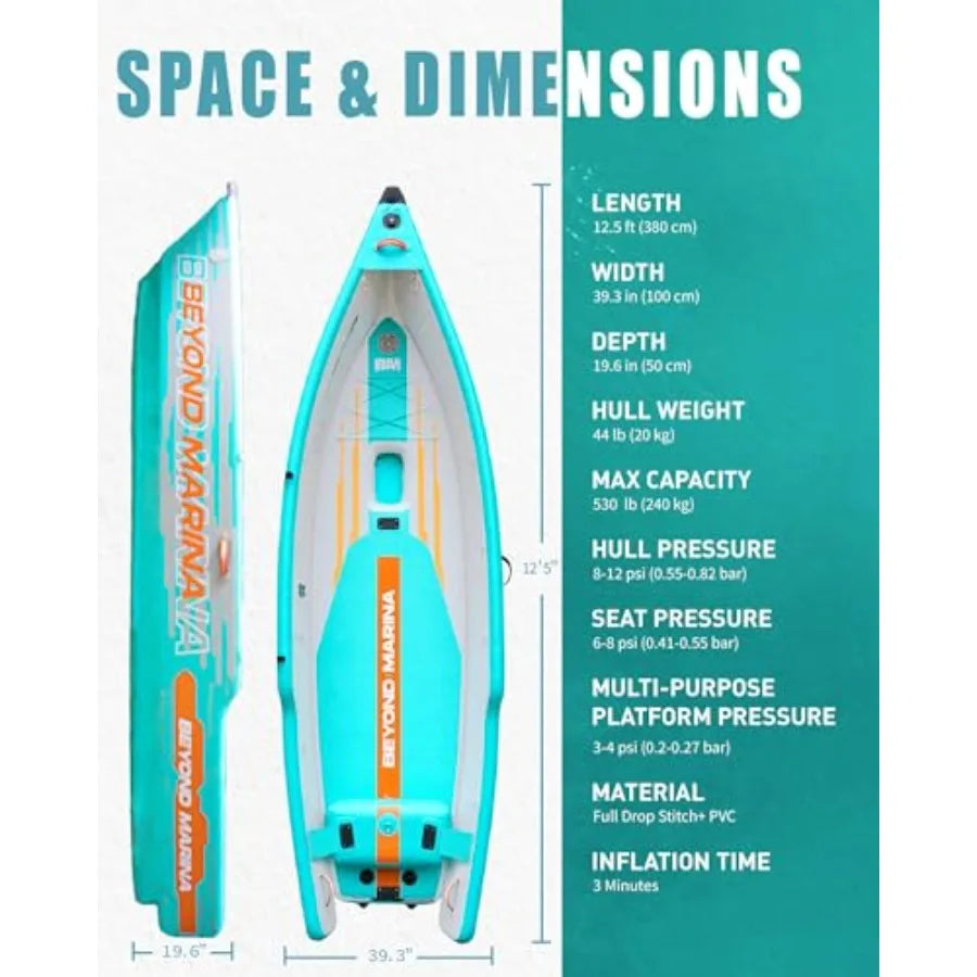 12.5Ft Inflatable Fishing Kayak For Lakes And Rivers, Durable PVC Material, Navy Blue With Yellow Accents, Ultra-Stable And Ped