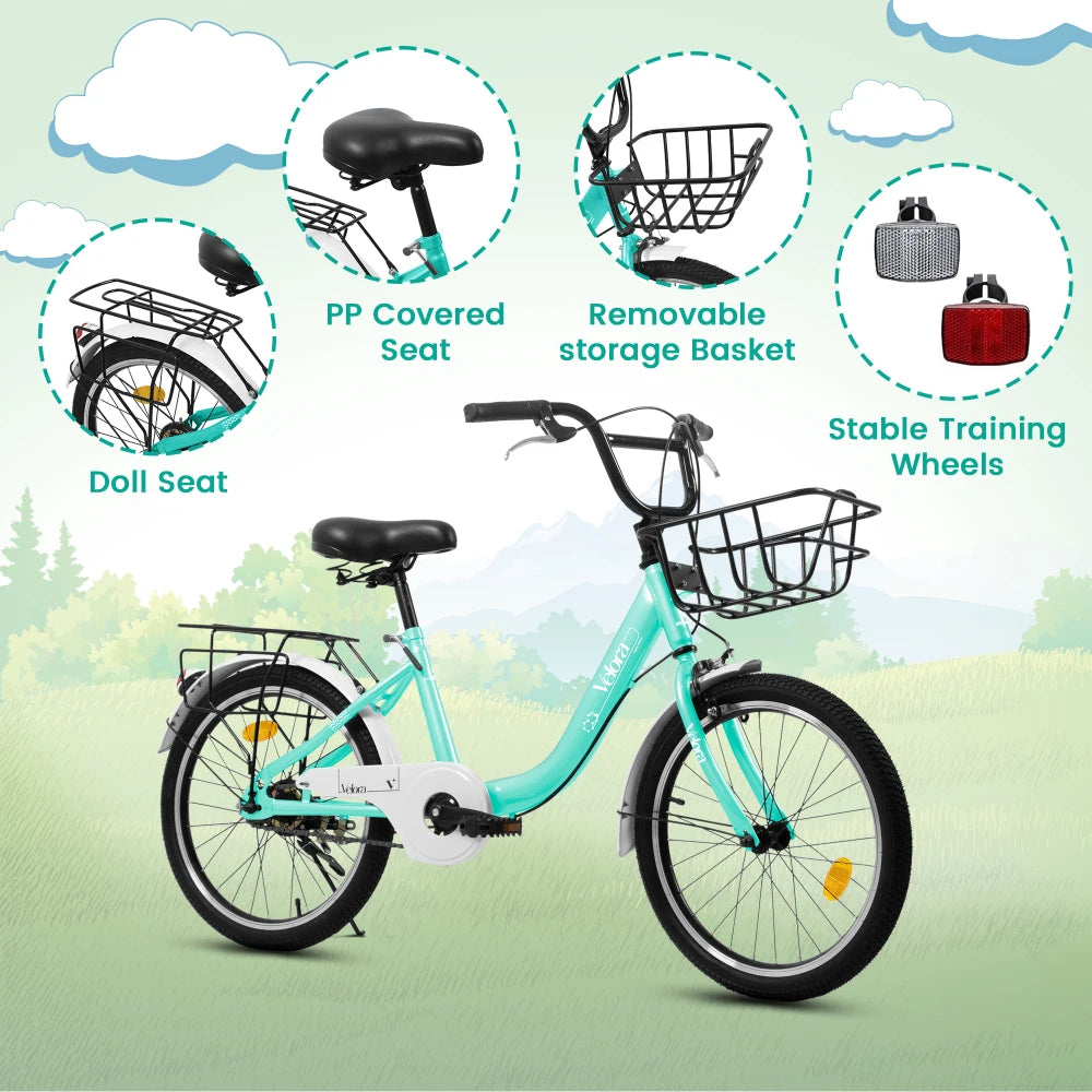 A20182 20 Inch Kids Bike for Boys & Girls, Children's Bicycle with V-Brake, 1-Speed, Chain Guard & Rear Rack, Lightweight Steel Frame (Pink, Green, Purple, White)