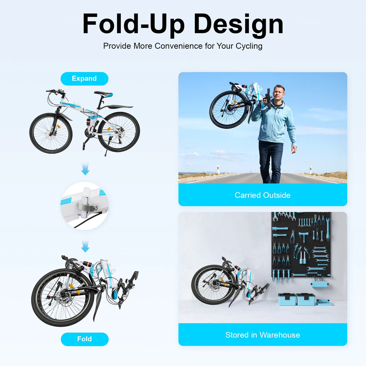 Mountain Bike, Folding Bicycle, Foldable Mountain Bike, 26 Inch 21 Speed High Carbon Steel, Double Disc Brake, Blue White, Easy Assembly, Shock Absorber, Anti-Rust Durable Frame, Outdoor Off-Road Commuter, Compact Storage, Me
