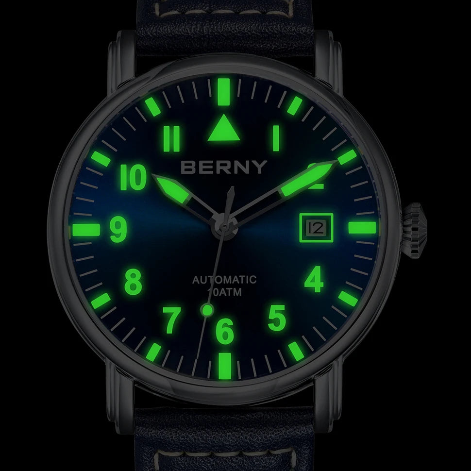 BERNY Aviation Automatic Watch Men Mechanical Luminous Army Military Classic Watch Sapphire Waterproof 100m Diver Wristwatch Men
