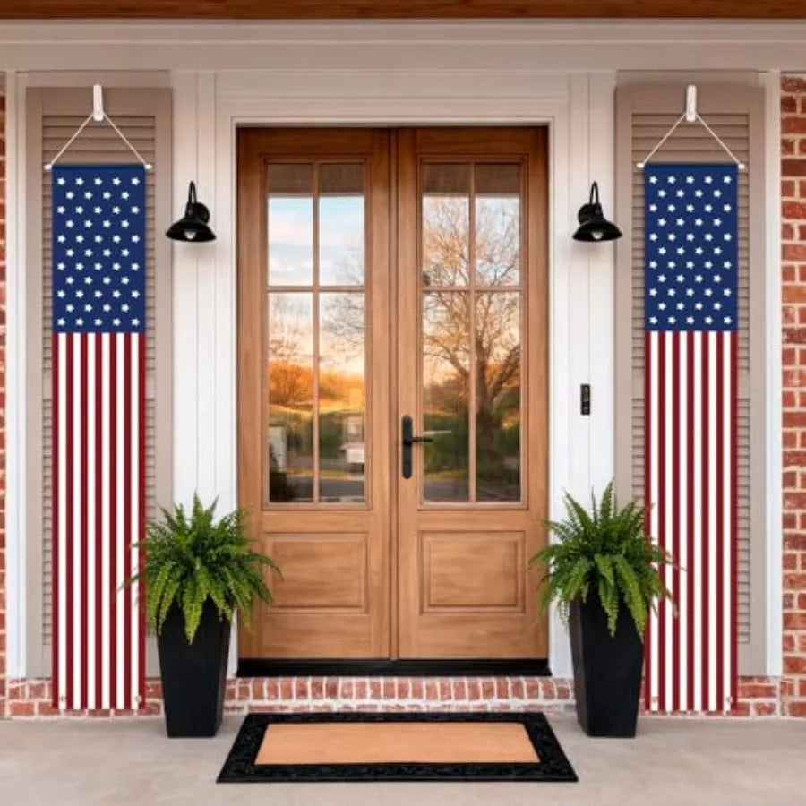 Pair 4th of July Patriotic Porch Banners, American Flag Hanging Decorations for Outdoor Indoor Use, Red White Blue Signs for Me