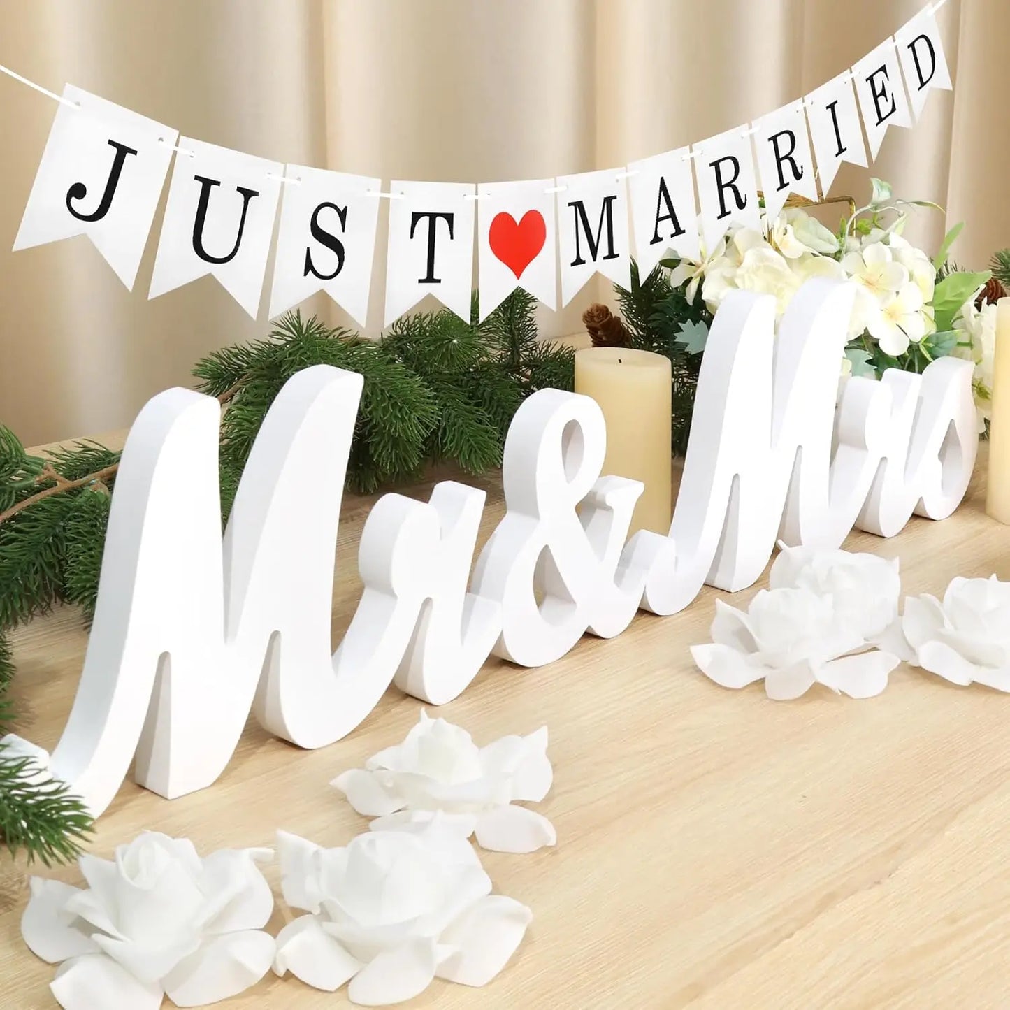 Mr and Mrs Sign for Wedding Party Table, Wedding Decorations for Reception (White with Banner) (White)