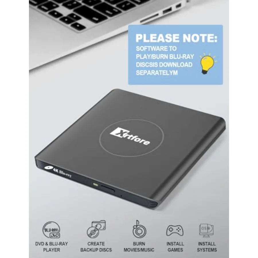 External 4K Blu-ray Drive Aluminum 4K Blu-ray Burner with Carry Case USB 3.0 UHD Player DVD+/-RW External Optical Drive for Mac
