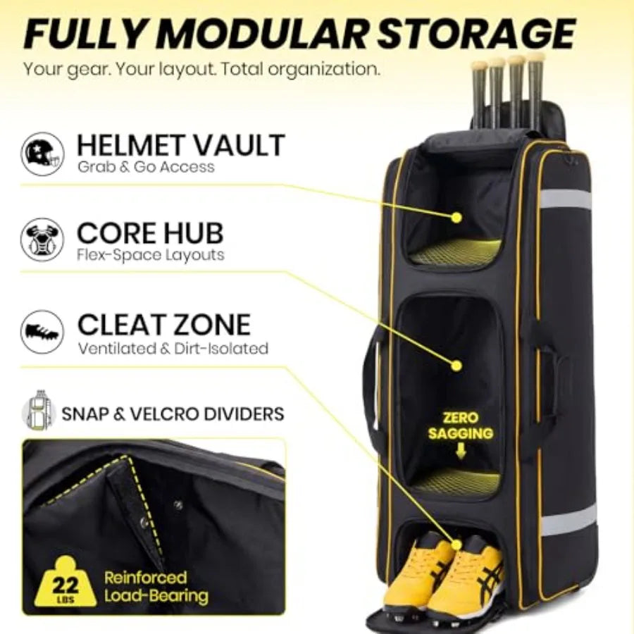 100L Rolling Baseball Catchers Gear Bag - Large Softball Equipment Duffle with Wheels Locker-Style Organizer with 5 Fence Hooks