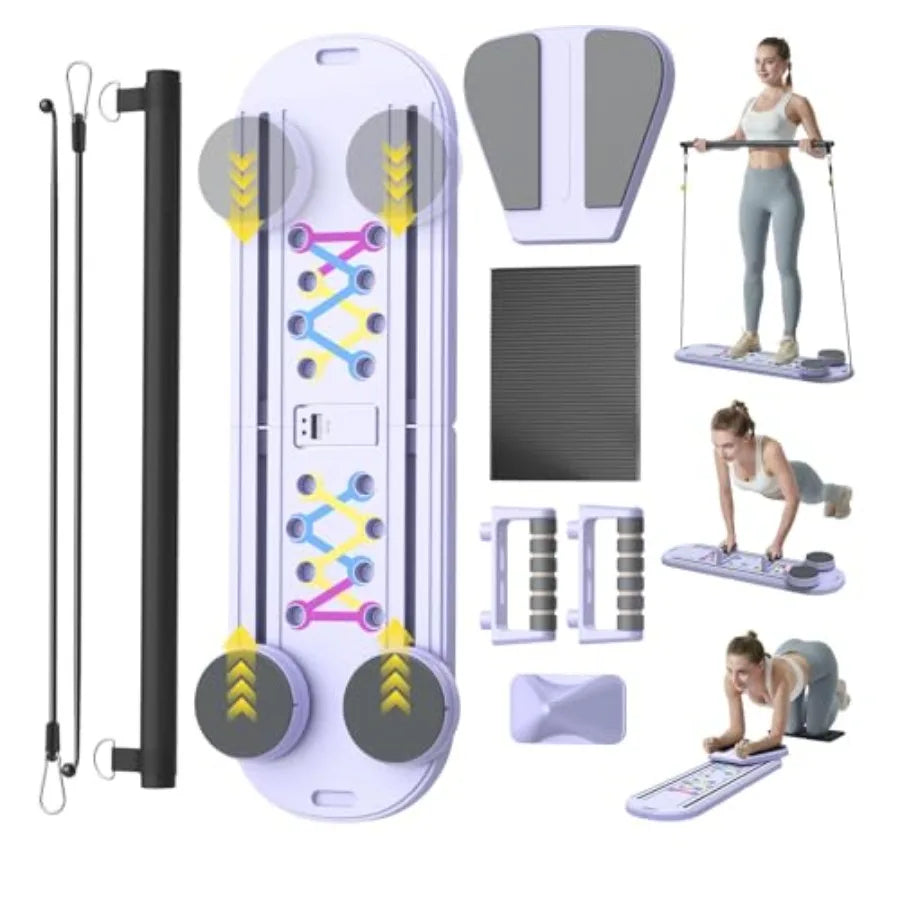 Pilates Board Foldable Reformer Training Set 6-in-1 Versatile Kit with Auto-Rebound Ab Roller Home Core Workout Equipment for T