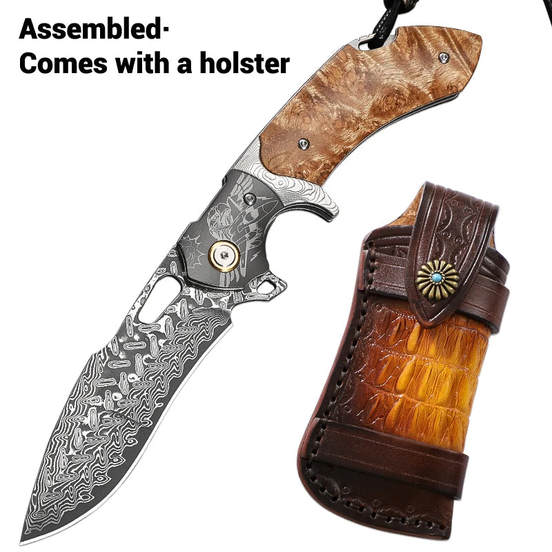 Handmade Japanese Damascus Steel Folding Pocket Knife with Sheath, Men's Pocket Knife, EDC Camping Hunting Knife, Hiking Trip