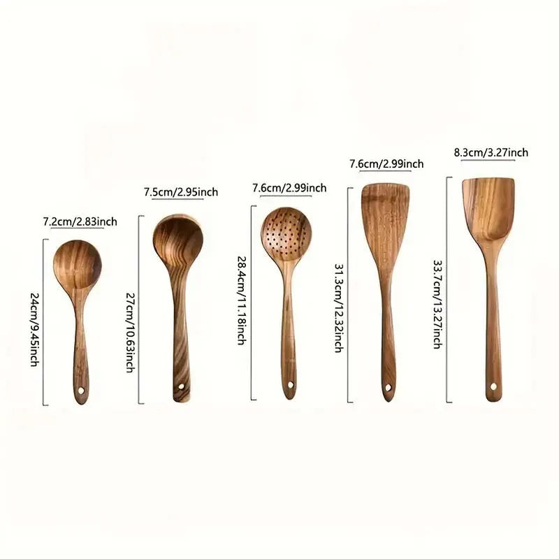 Natural Teak 5-Piece Wooden Utensil Set, Up to 13.4 Inch, Heat & Scratch Resistant, for Non-Stick Pans, Home & Restaurant