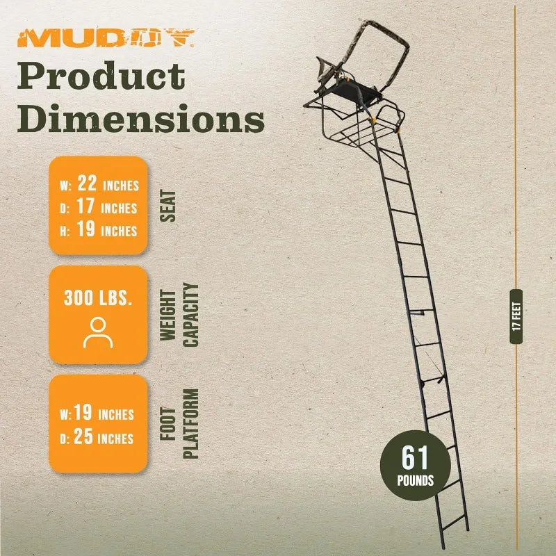 MUDDY 1-Person Huntsman Deluxe Steel Ladder Tree Stand, 17 ft Tall, 300 lb Capacity - Heavy-Duty Hunting Treestand