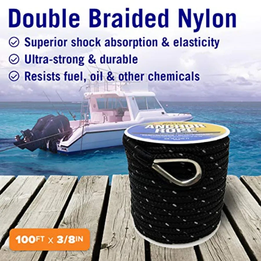 Premium Anchor Rope 100 Feet Double Braided Nylon Marine Line Reflective 3/8 Inch Reel for Anchors and Boats