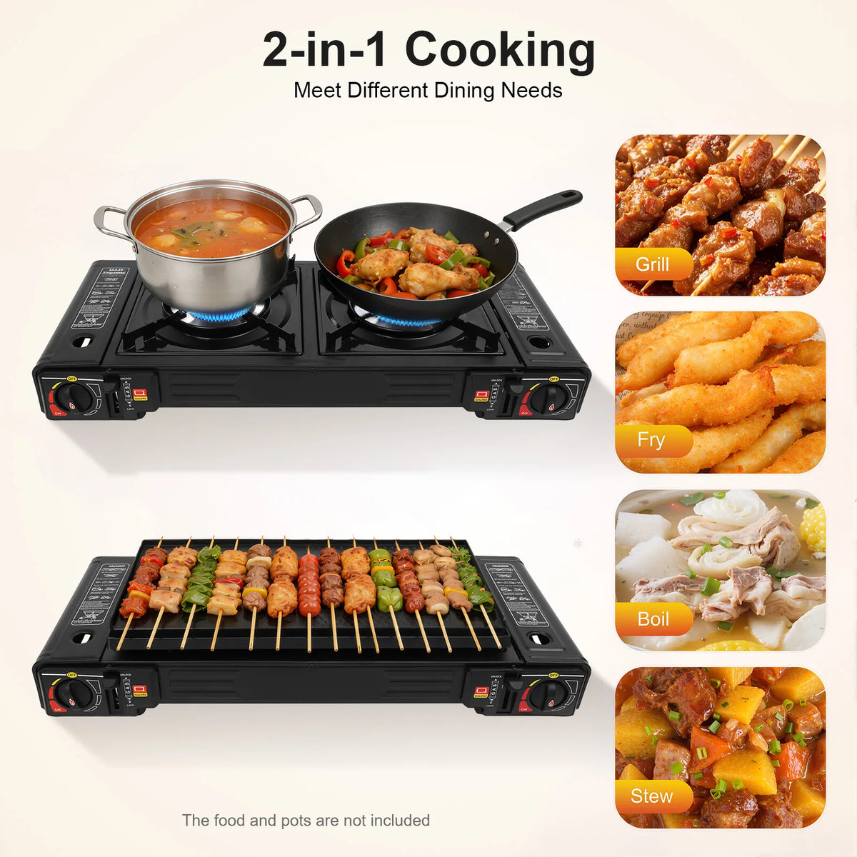 Portable 2-Burner Camping Stove – 2x2500W, Piezo Ignition, Butane/LPG, Non-Stick Pan & Carry Bag, Outdoor BBQ Black