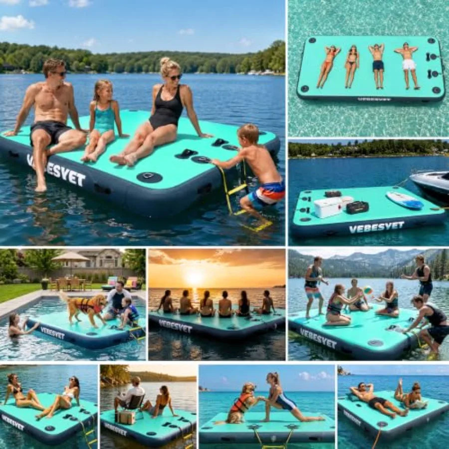 Inflatable Floating Dock Platform For Lake Ocean Swimming Fishing And Pets 6-Inch Reinforced PVC In Blue With Soft Ladder Pump