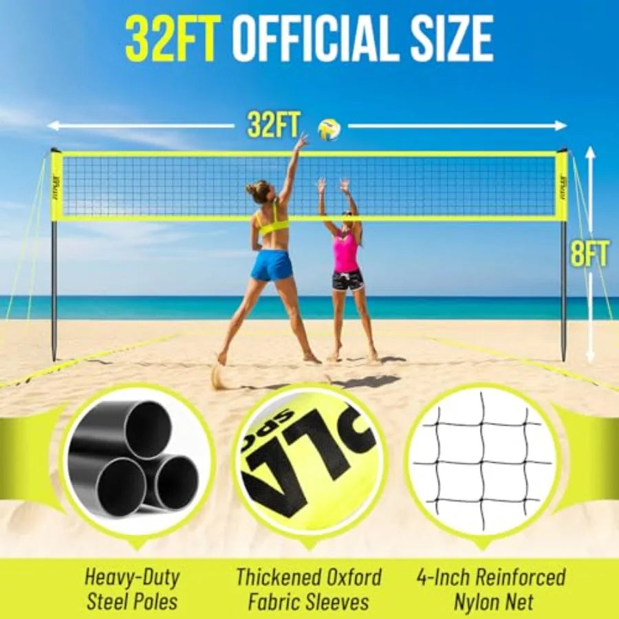 Portable Outdoor Volleyball Net Set32FT Regulation Size Volleyballs Net System with Height Adjustable Poles PU Volleyball Pump