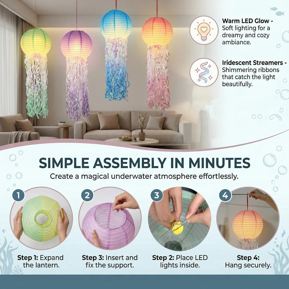 4PCS LED Jellyfish Paper Lanterns with Iridescent Tinsel Tassels, Glow Hanging Mermaid Ocean Themed Party Decor, Glow In Dark Lantern for Birthday, Wedding, Graduation, Under The Sea Party Supplies