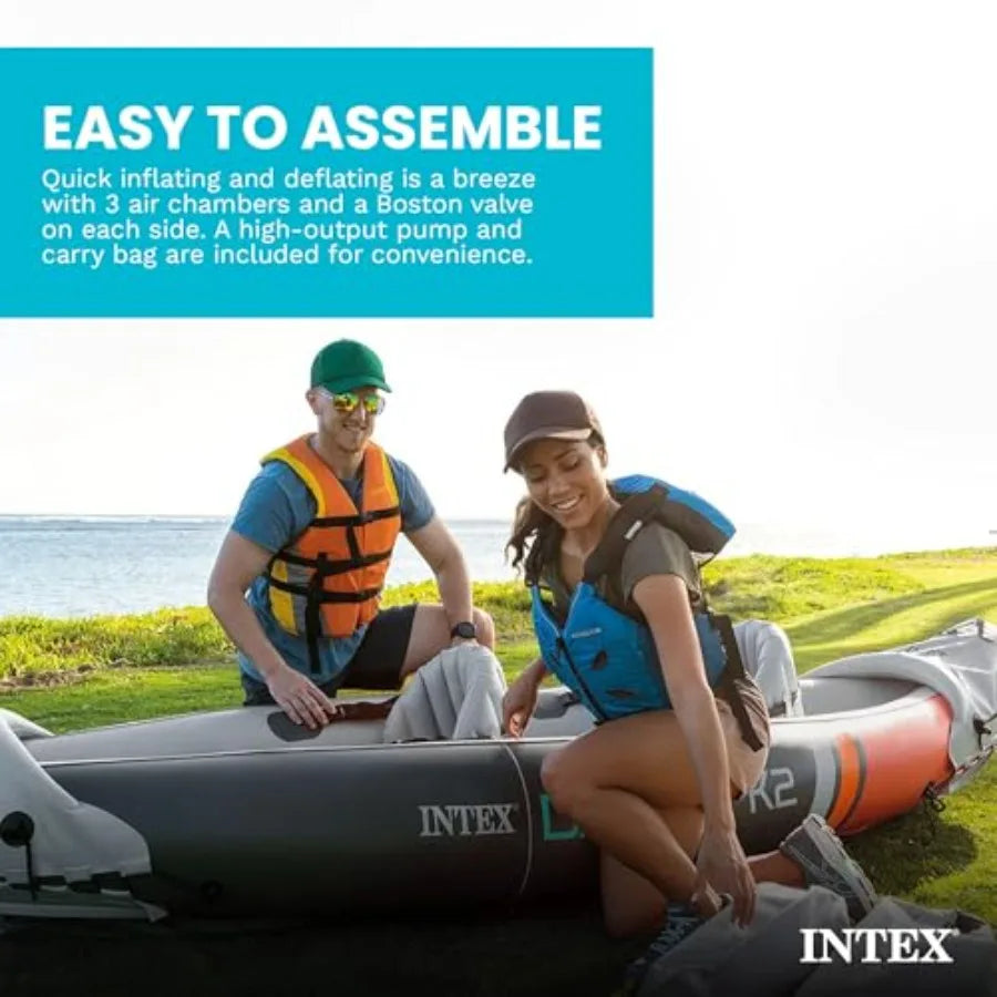 2-Person Inflatable Kayak Set Dakota K2 with 86in Oars and Pump in Blue for Outdoor Water Sports with Quick Inflation and Durab
