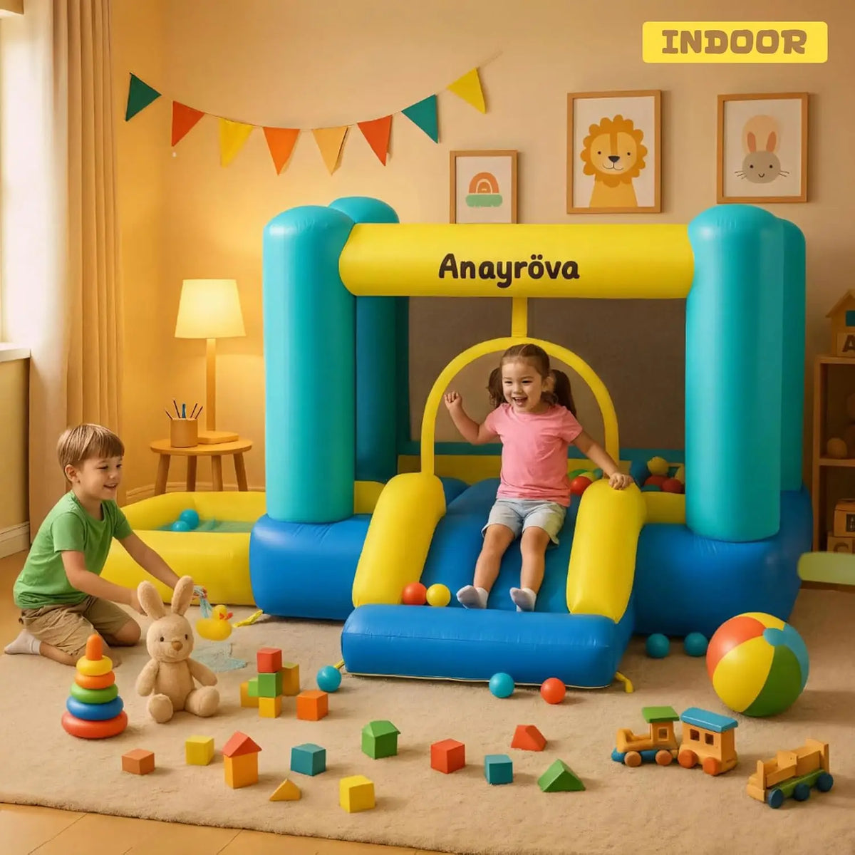 Inflatable Bounce House with Blower, Toddler Bouncy Castle Ages 3-6 | Ball Pit, Basketball Hoop & Target Game for Active Indoor