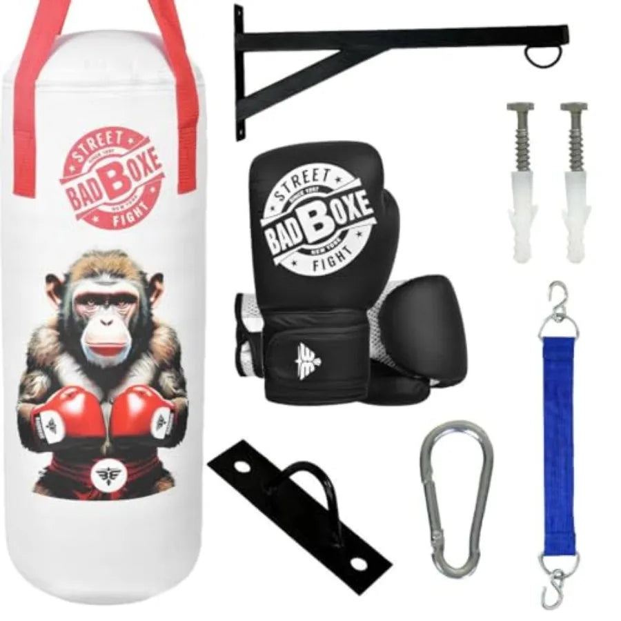 Junior 2FT punching bag set with mount hanger for boxing training MMA BJJ Muay Thai workouts; vinyl material black color includ