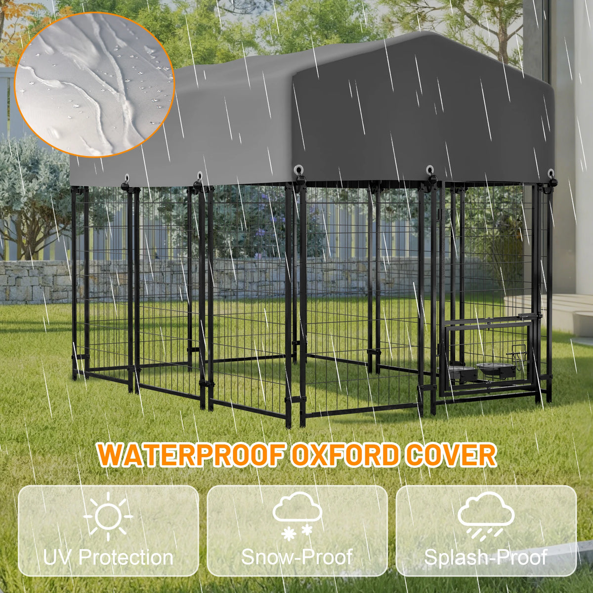 4.23x5.82x4.83 ft Heavy Duty Welded Wire Dog Kennel Outdoor Run House UV Waterproof Cover Double Lock and Rotating Feeder