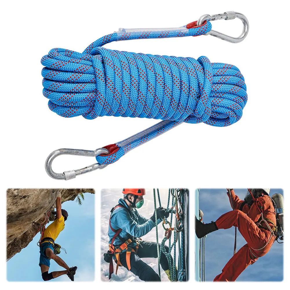 10mm Outdoor Static Rapelling Rope with 2 Hooks Climbing Emergency Rope Mountaineering Rope for Fire Escape Car Rescue