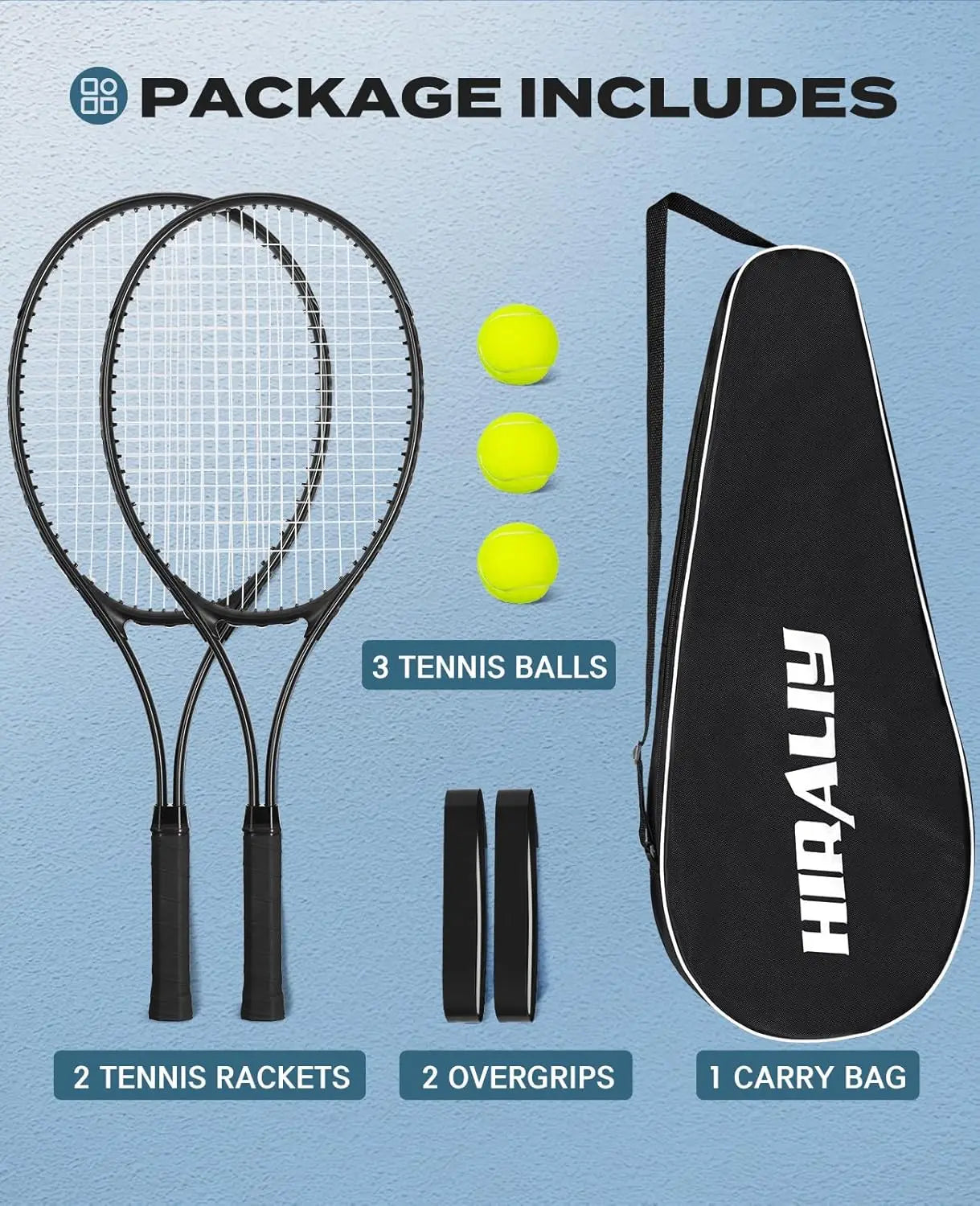 27 Inch Lightweight Tennis Rackets Set for Adults Beginners with 3 Balls & Carry Bag - Vibration Dampening & Large Sweet Spot