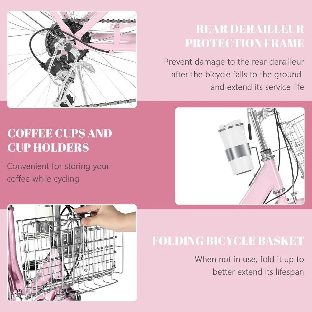 Beach Cruiser Bike for Women Folding Bikes, 7-Speed Womens Bike with Basket and Coffee Cup, Customized