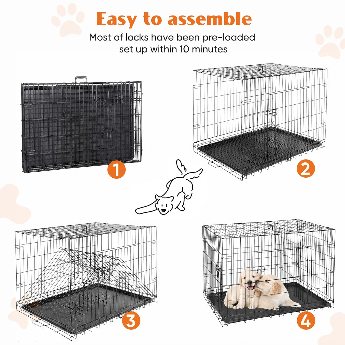 JHK 48 Inch Double Door Folding Metal Wire Dog Cage with Plastic Leak-Proof Pan Tray Extra Large Pet Kennel for Outdoor Travel