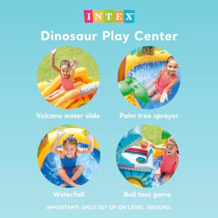 Inflatable Dinosaur Play Center Outdoor Playhouse Inflatable Water Park with Kid Pool Slide Water Sprayer Waterfall and 6 Balls