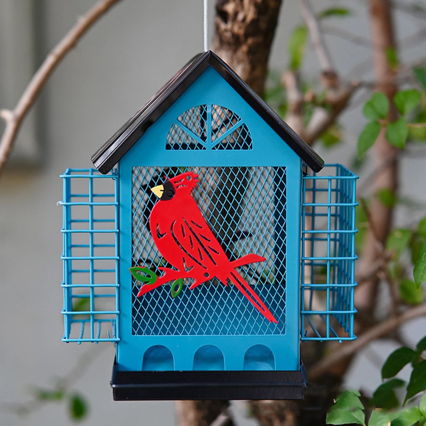 Outside Bird Houses with Double Suet Squirrel-Proof Seeds Tray Cage Refillable Multi-Layer Metal Birdhouse For Outdoor Parks
