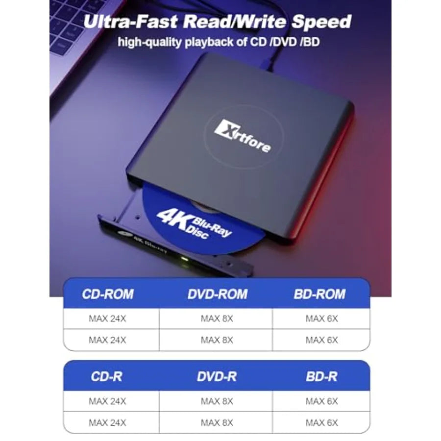 External 4K Blu-ray Drive Aluminum 4K Blu-ray Burner with Carry Case USB 3.0 UHD Player DVD+/-RW External Optical Drive for Mac