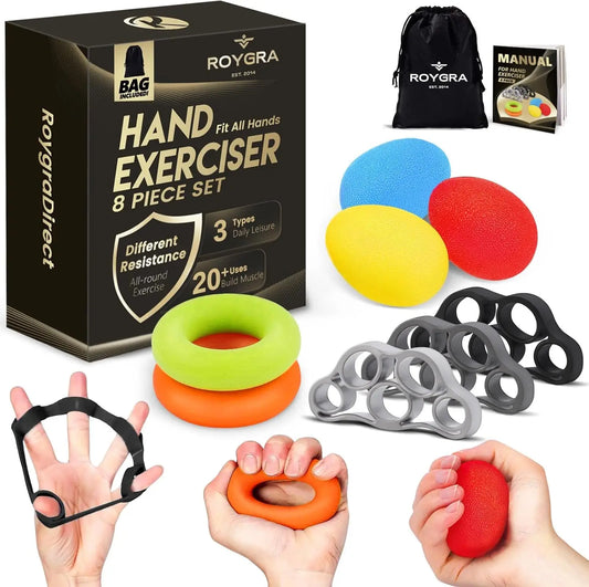 8-Pack Hand Grip Strengthener Set, Forearm Exercise Equipment with Stress Balls, Finger Stretchers for Physical Therapy