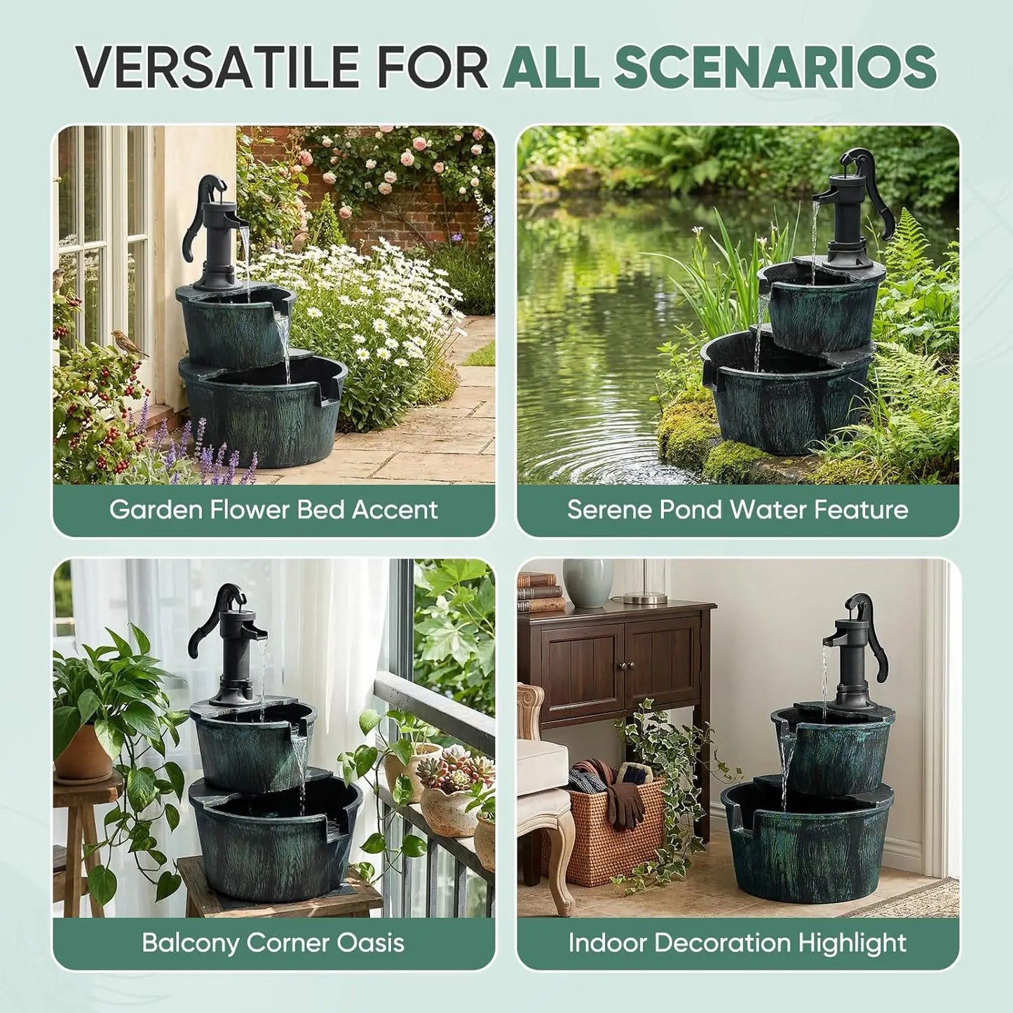 Freestanding Cascading Waterfall Fountain with Electric Pump, 2-Tier Garden Decor for Patio or Backyard in Dark Green