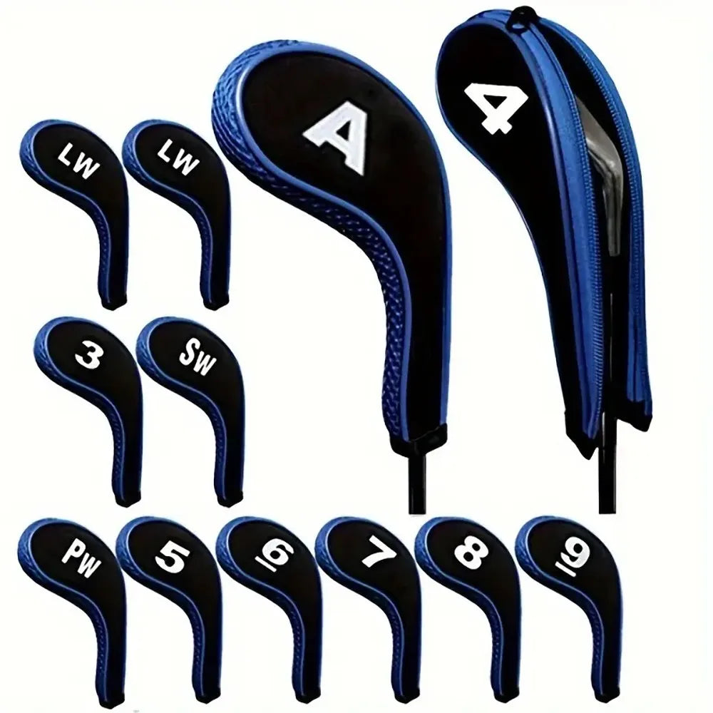Complete Golf Club Protection Set – 12 Neoprene Covers with Number Print Zippered Driver Head & Long Neck for All Irons