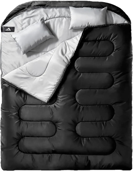 XL Queen Size Double Sleeping Bag with Pillow for Two Adults, All Season Camping Hiking Backpacking