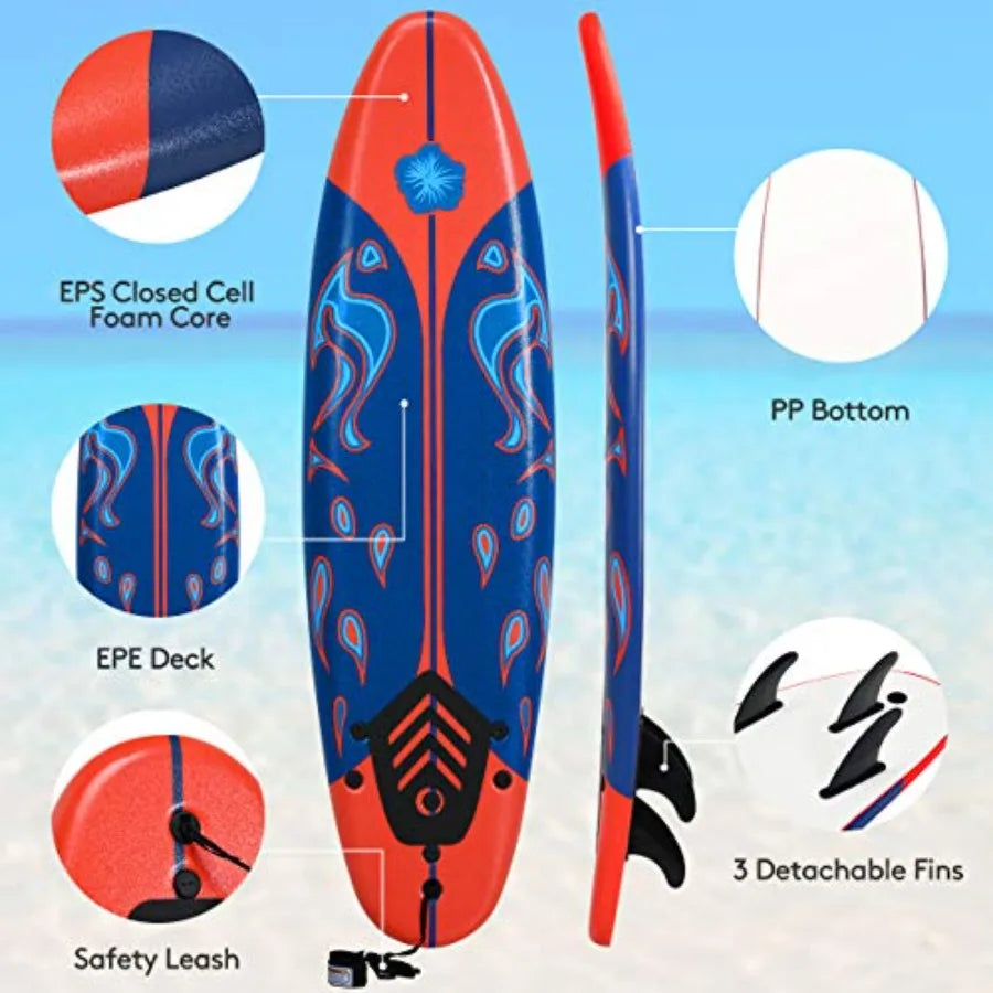 6' Surfboard for Beach and Ocean Surfing Foam Body with Removable Fins Blue and White Lightweight and Stable Beginner Board for