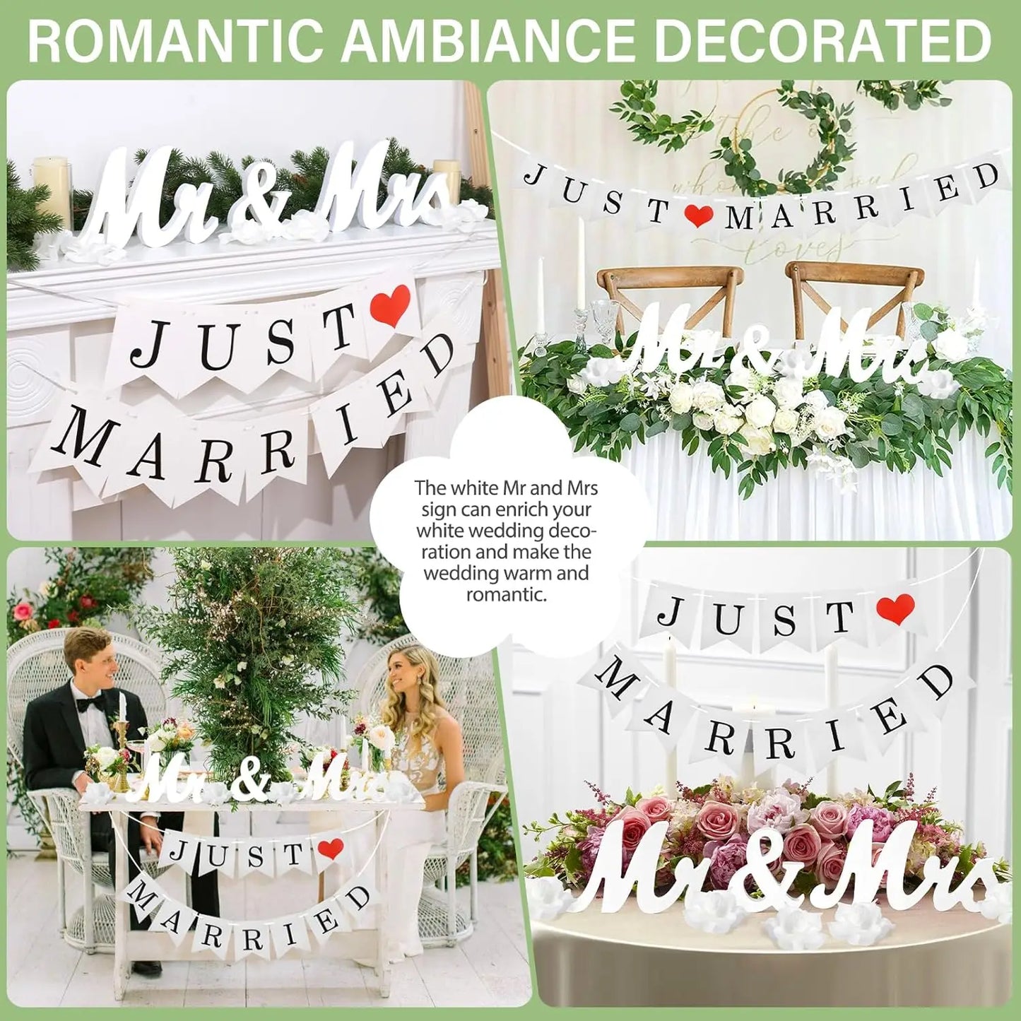 Mr and Mrs Sign for Wedding Party Table, Wedding Decorations for Reception (White with Banner) (White)