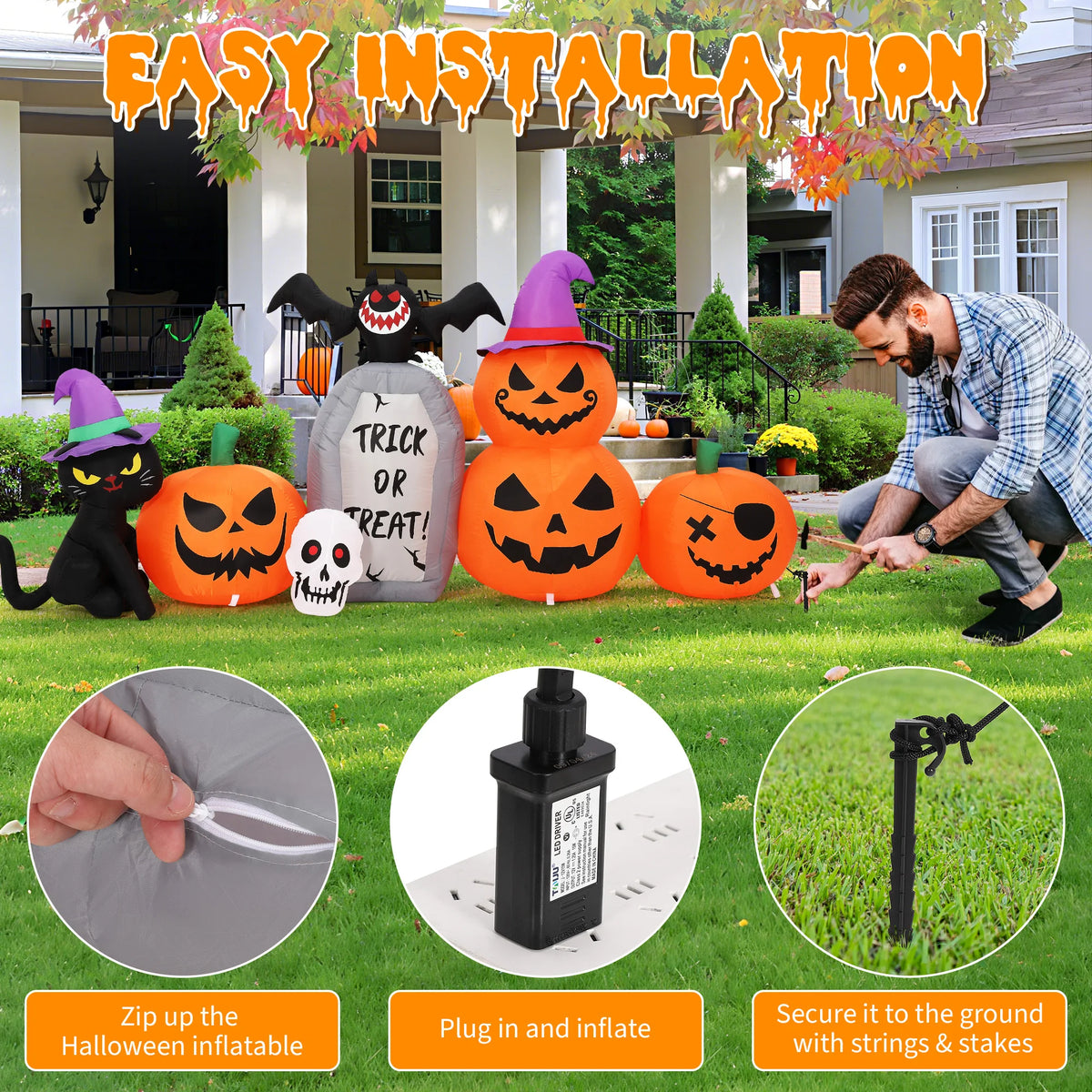 8ft Halloween Pumpkin Black Cat Tombstone Inflatable Yard Decor With Led Lights, Blow Up Outdoor Decoration For Lawn Garden Porch Party