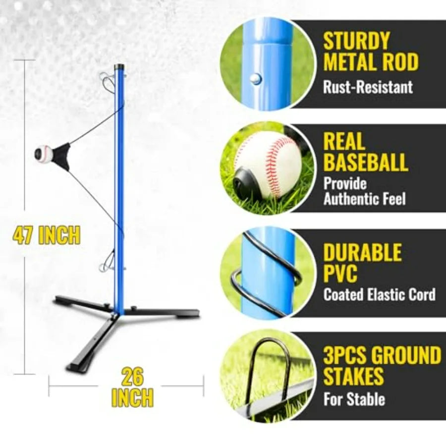 Youth Baseball Swing Trainer with Auto-Reset Adjustable Ball Hght Hitting Trainer with Real Ball Stable Triangle Base Softball