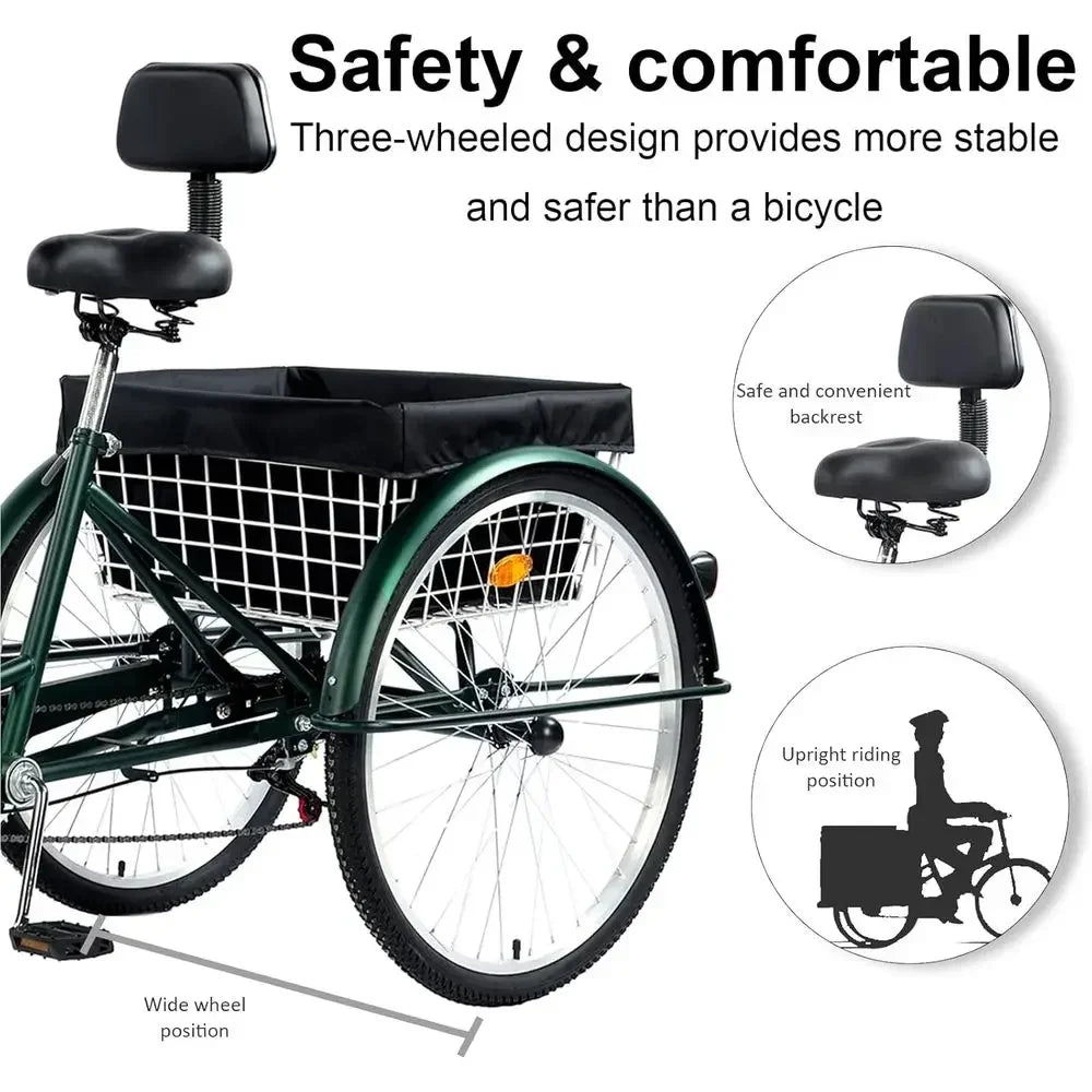 7-Speed Adult 24/26 Three-Wheeled Mountain Trike with Basket and Backrest for Men & Women in Multiple Colors