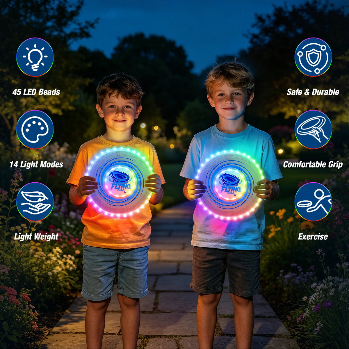 2 Pack Rechargeable Glow-in-the-Dark Flying Discs with 45 LEDs 14 Lighting Modes Easter Basket Stuffers Camping Toys for Kids Teens Adults Birthday Halloween Christmas Gift