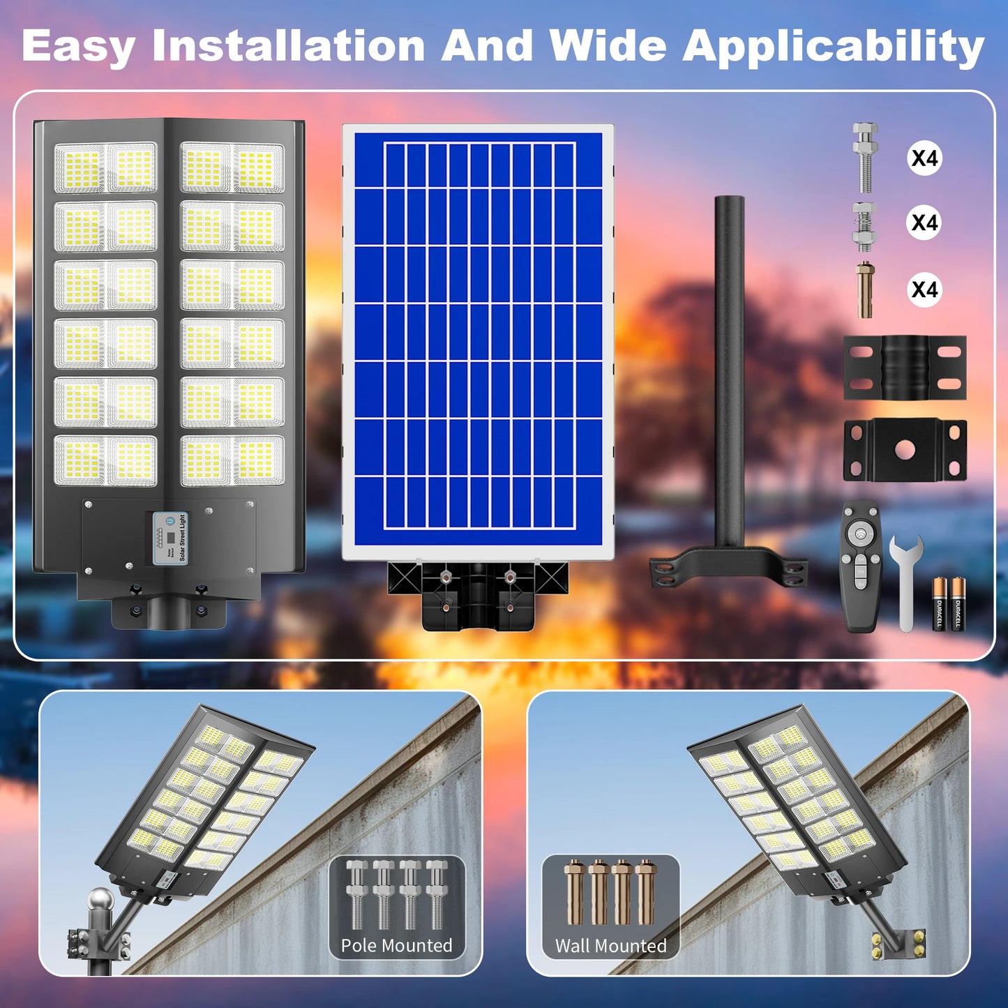 6000-watt waterproof solar street lights. Automatically turn on at dusk and are equipped with motion sensors. Suitable for comme