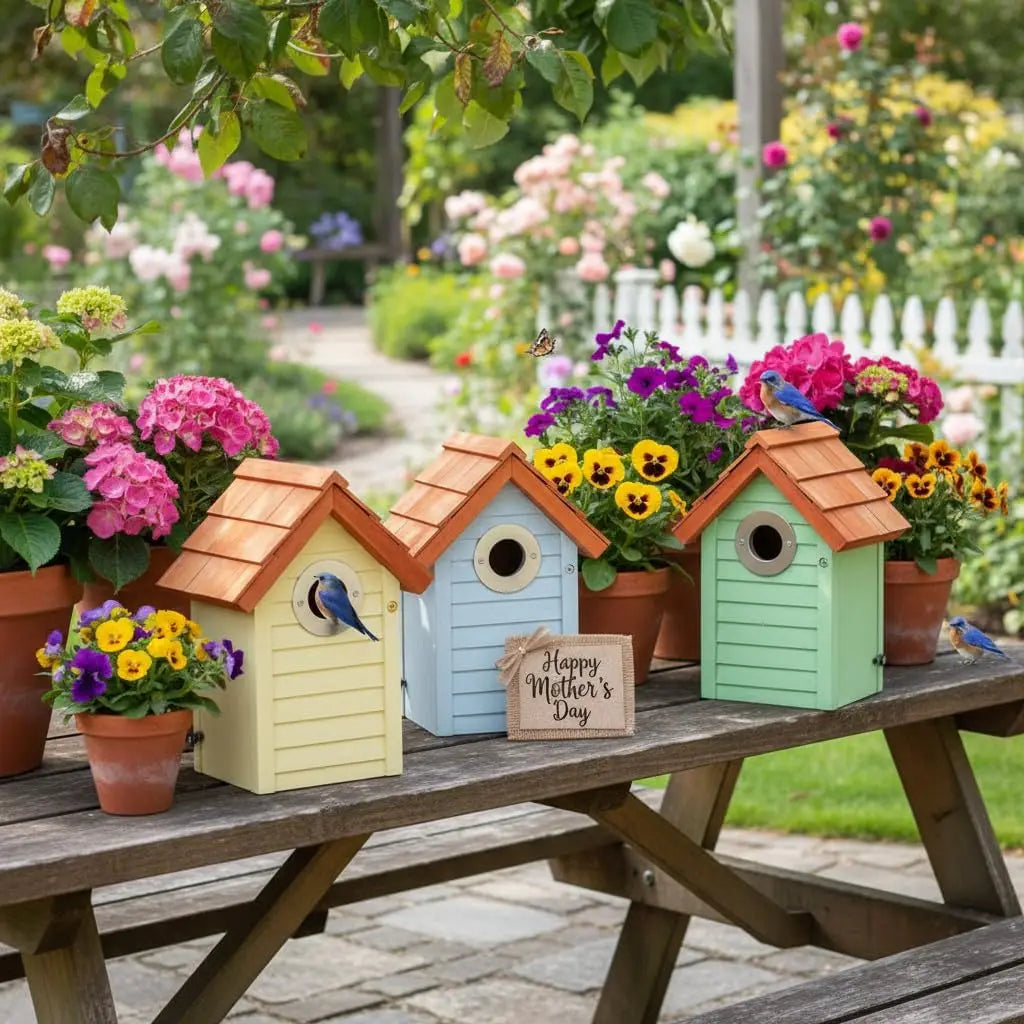 3pk Bluebird Bird Houses for Outside with Stainless Steel Guard, Cedar Roof, UV Painting - 10 Years Outdoor