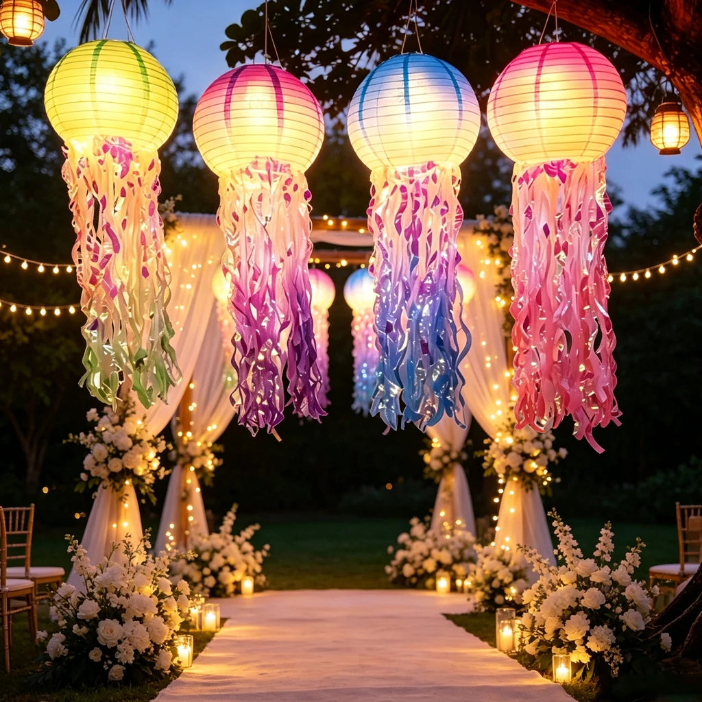 4PCS LED Jellyfish Paper Lanterns with Iridescent Tinsel Tassels, Glow Hanging Mermaid Ocean Themed Party Decor, Glow In Dark Lantern for Birthday, Wedding, Graduation, Under The Sea Party Supplies