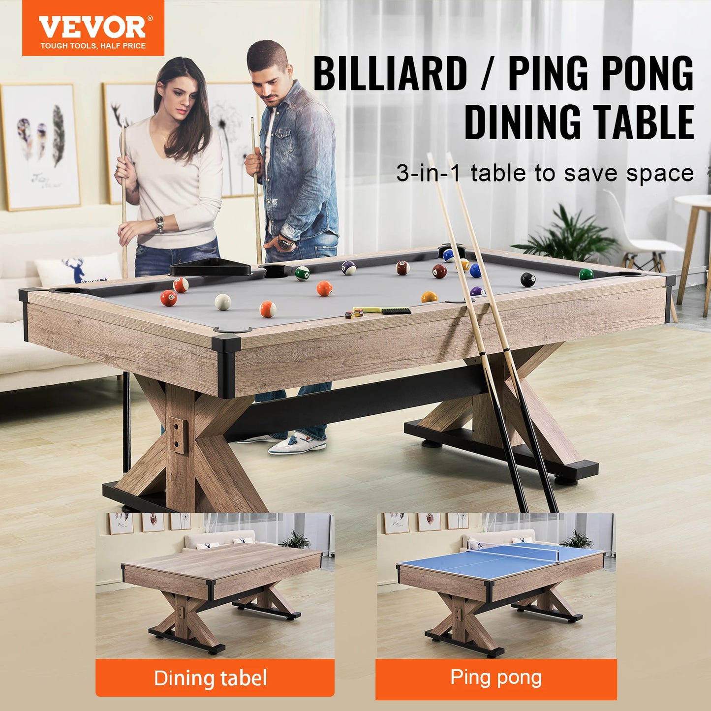 VEVOR 7ft 3-in-1 Billiards Table Combo Set Multi Game Table with Dining Pool and Tennis Table Includes Full Set of Accessories