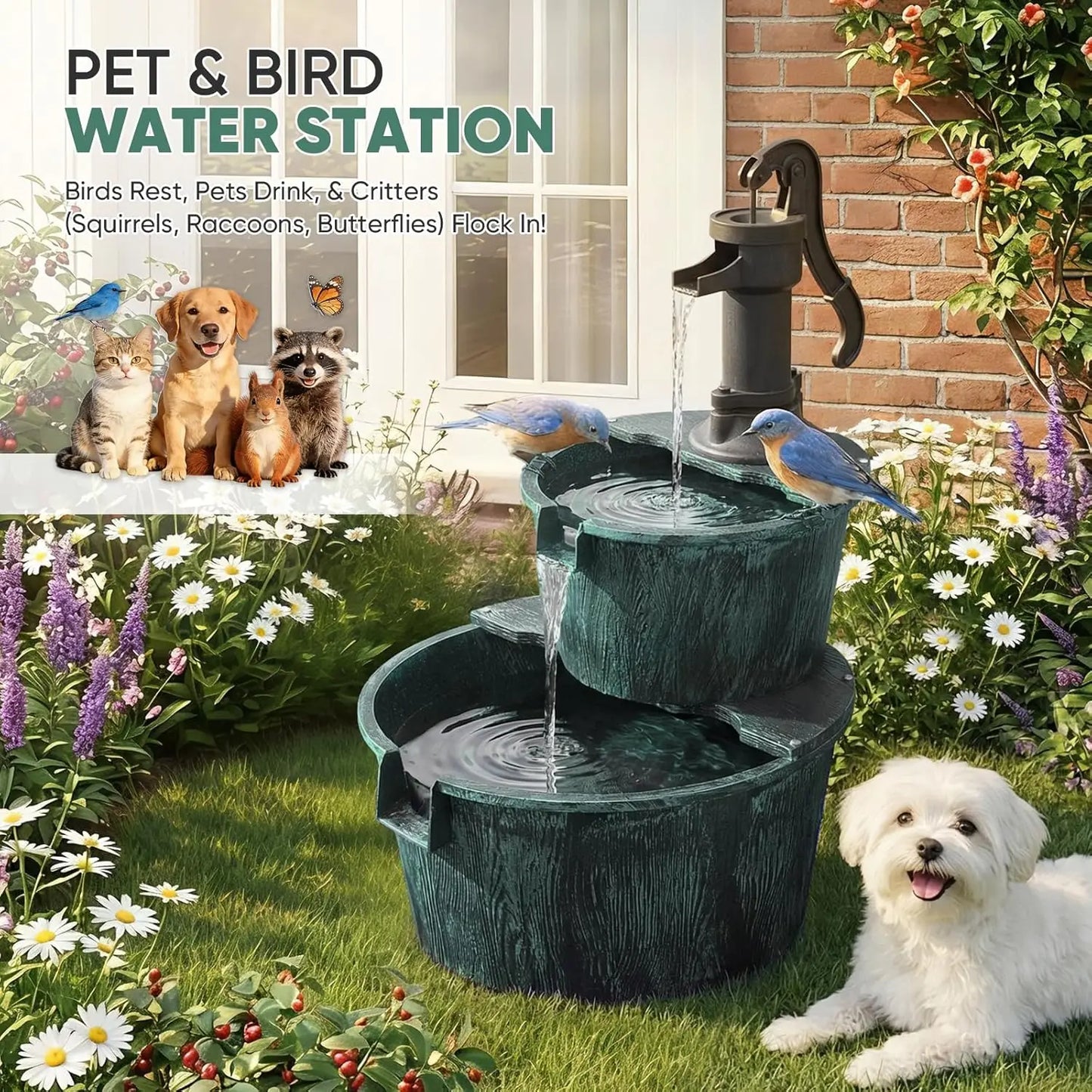 Freestanding Cascading Waterfall Fountain with Electric Pump, 2-Tier Garden Decor for Patio or Backyard in Dark Green